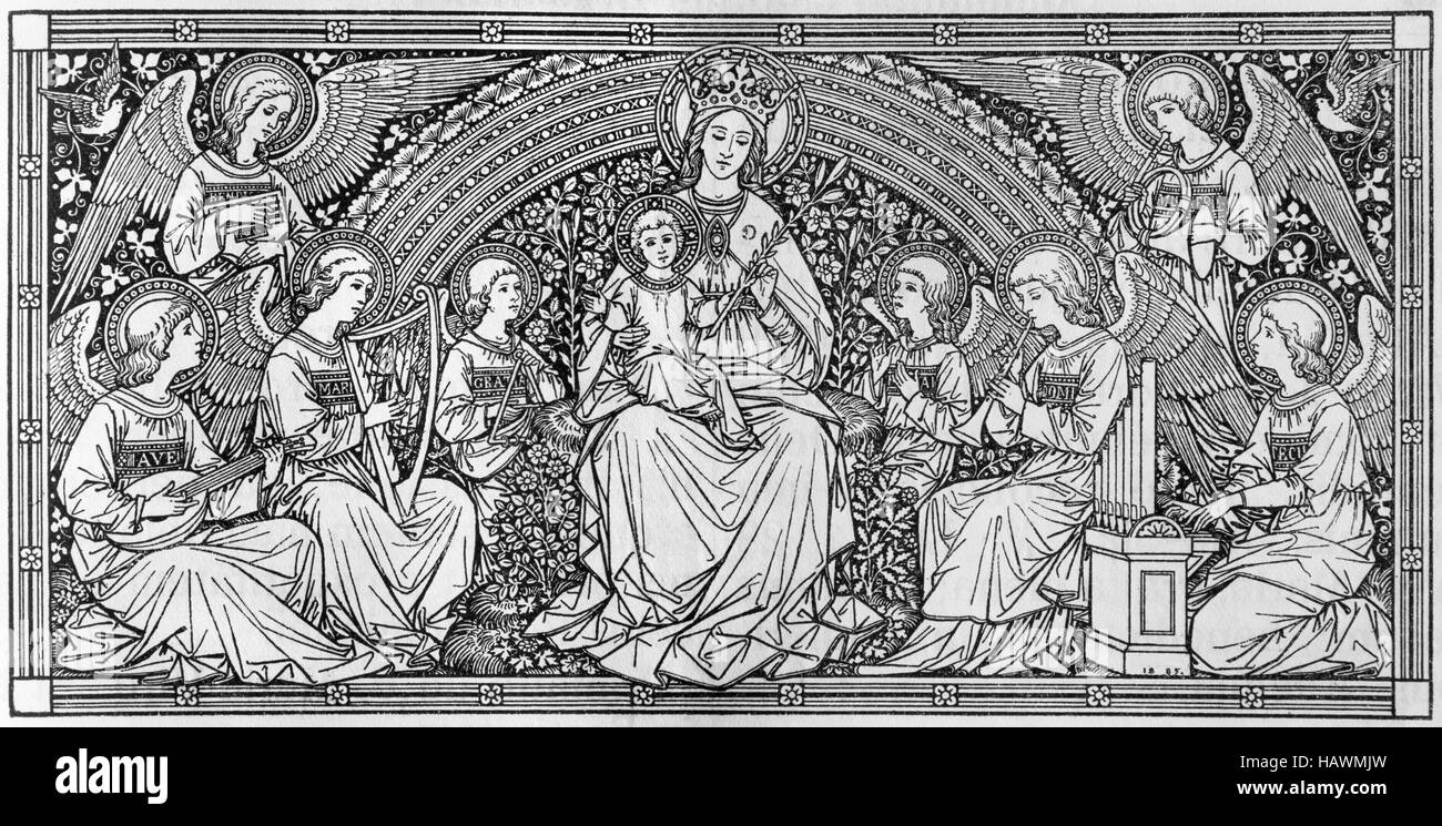 BRATISLAVA, SLOVACCHIA, novembre - 21, 2016: la litografia Madonna tra le fanciulle ideato da un artista sconosciuto con la sigla F.M.S (1888) Foto Stock