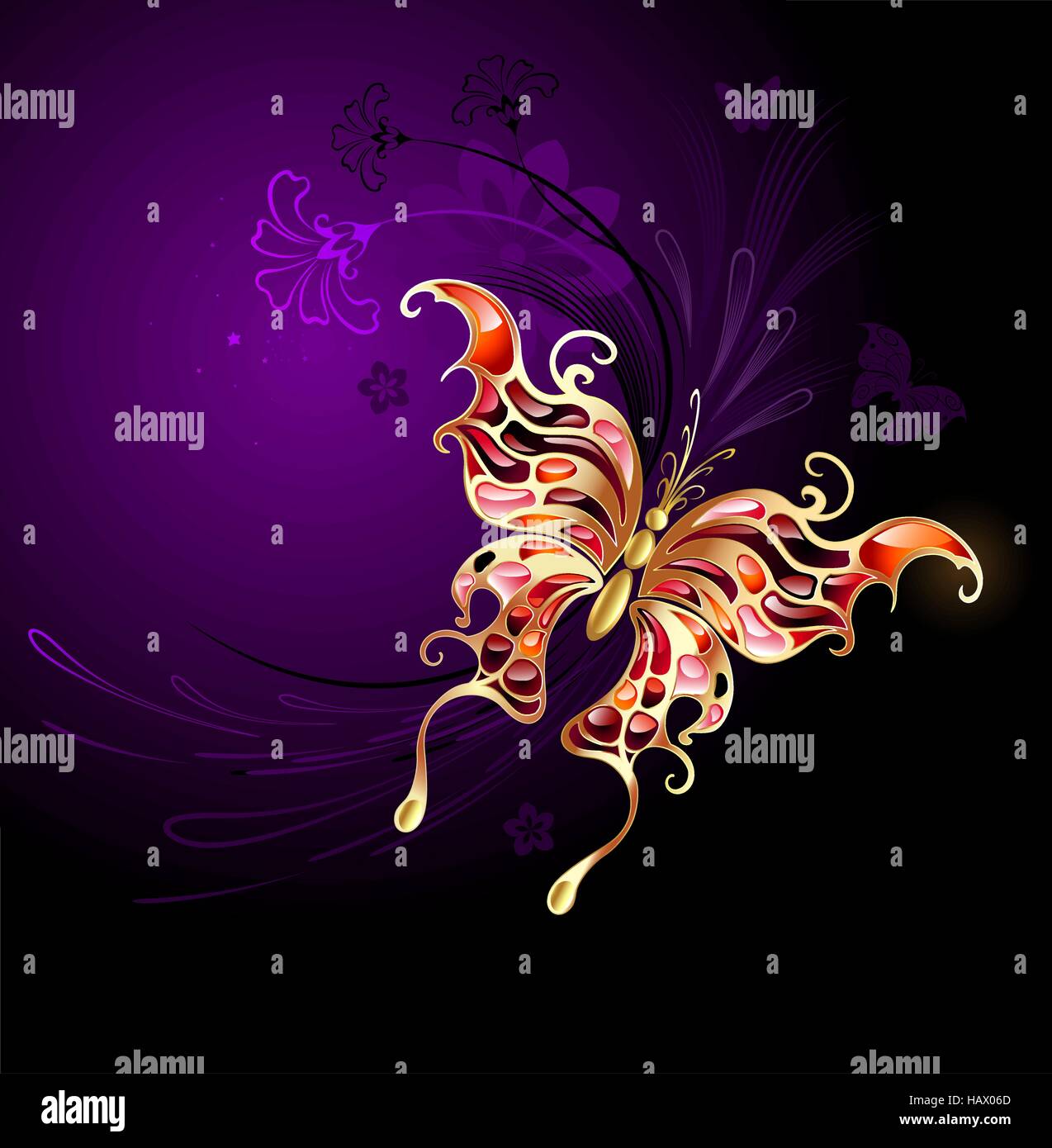 Farfalla stilizzata in oro intarsiato con Rubini sullo sfondo viola con fiori. Illustrazione Vettoriale