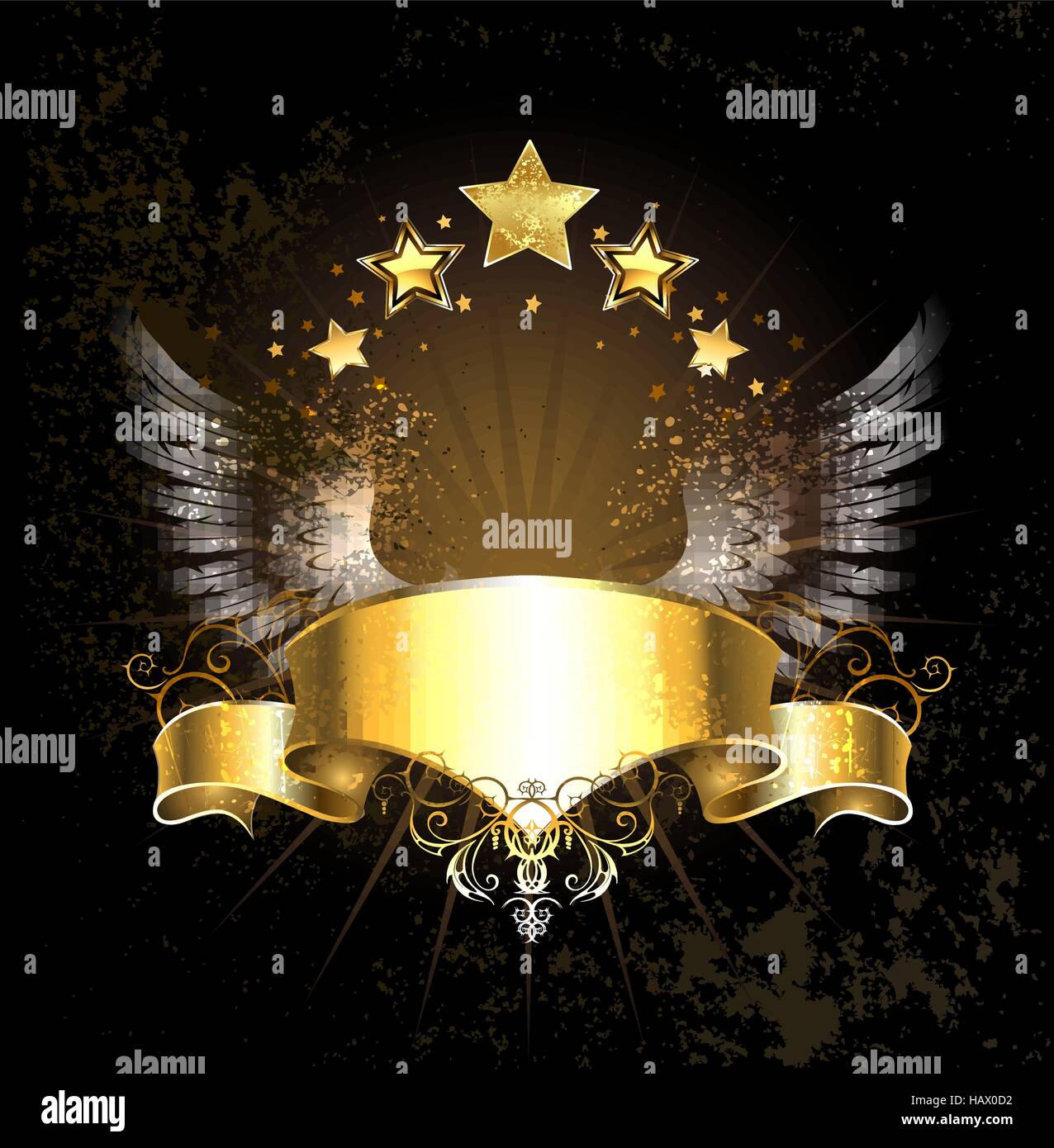Nastro color oro decorazione angelo ali e stelle dorate su sfondo nero. Illustrazione Vettoriale