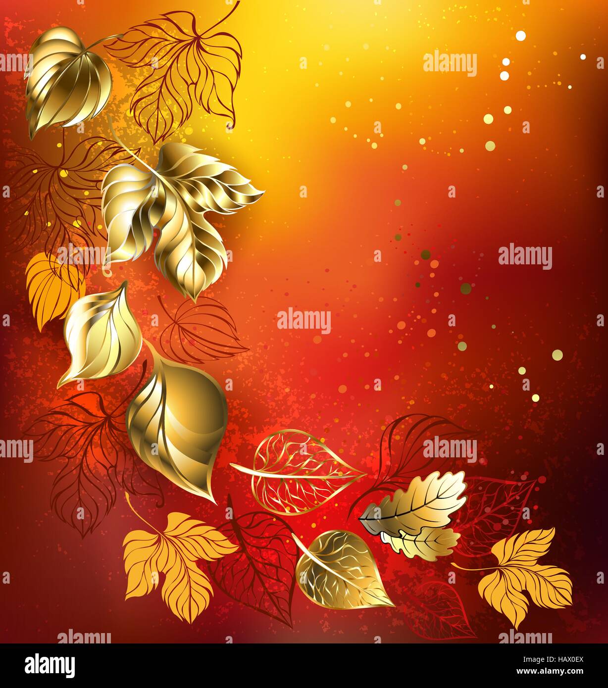 Golden Autumn Leaves su uno sfondo arancione tessiturali. Illustrazione Vettoriale