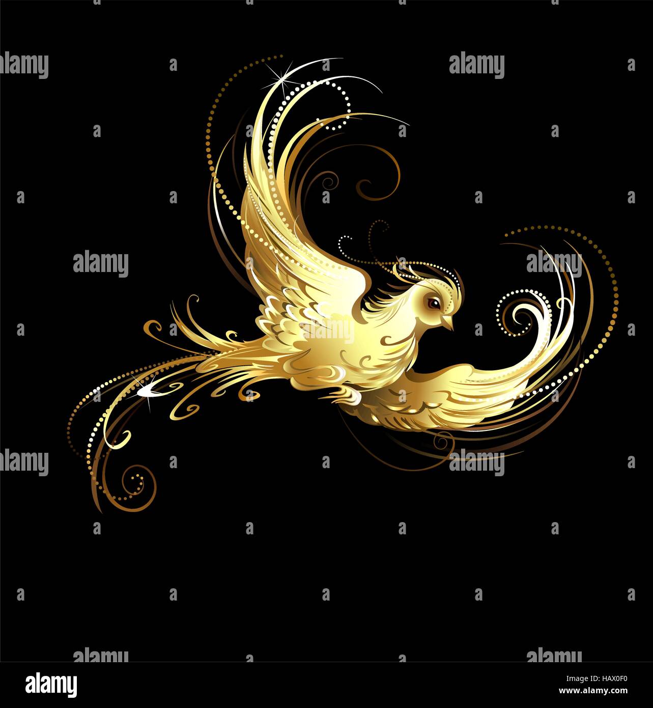 Shiny, Golden, artisticamente dipinte bird su uno sfondo nero Illustrazione Vettoriale