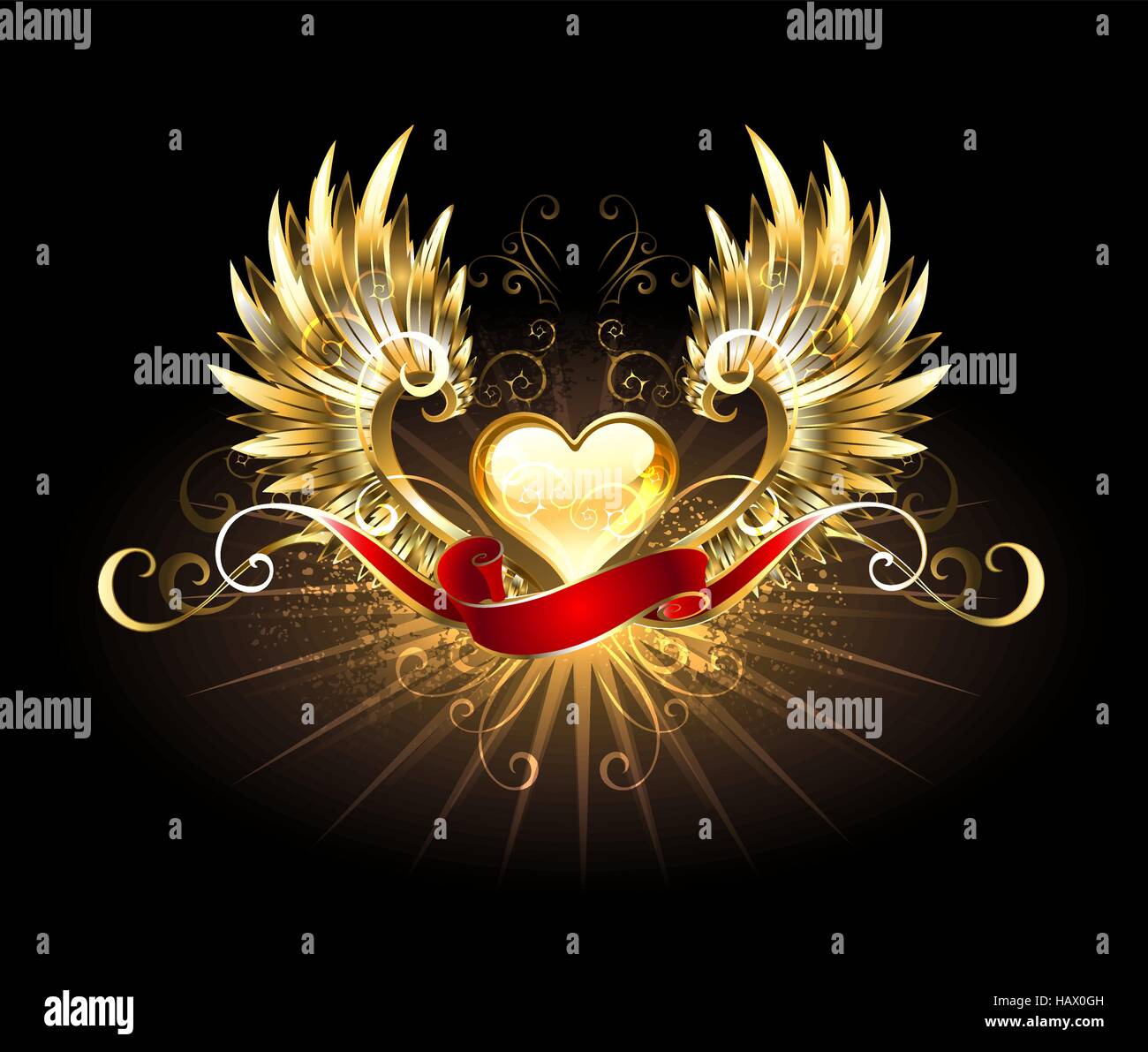 Cuore d'oro con ali dorate e decorate con una seta rossa nastro su uno sfondo nero Illustrazione Vettoriale
