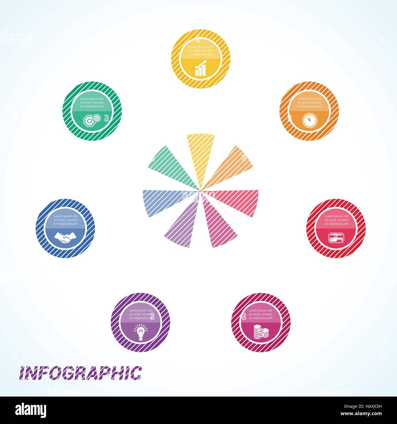 A strisce colorate cerchi, modello per infographics sette posizioni Illustrazione Vettoriale