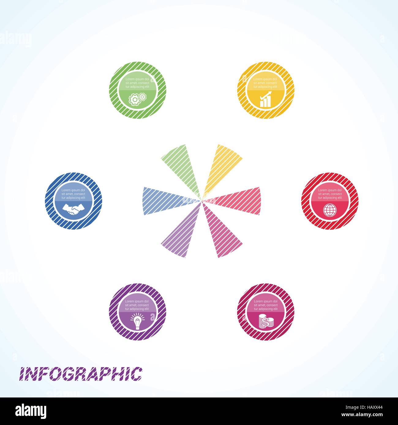 A strisce colorate cerchi, modello per infographics sei posizioni Illustrazione Vettoriale
