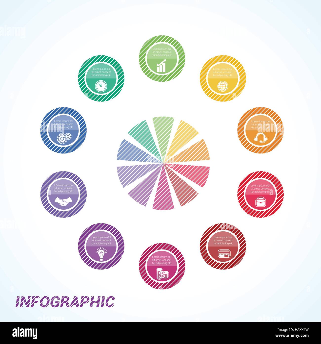 A strisce colorate cerchi, modello per infographics dieci posizioni Illustrazione Vettoriale