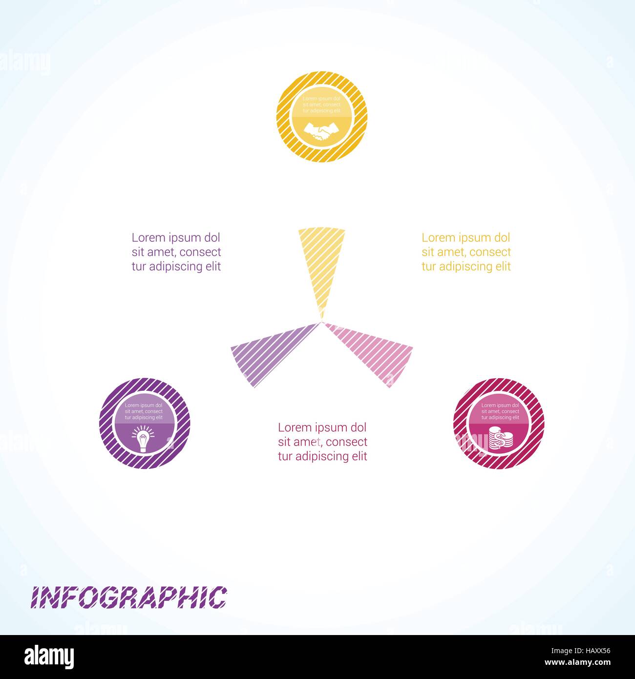 A strisce colorate cerchi, modello per infographics tre posizioni Illustrazione Vettoriale
