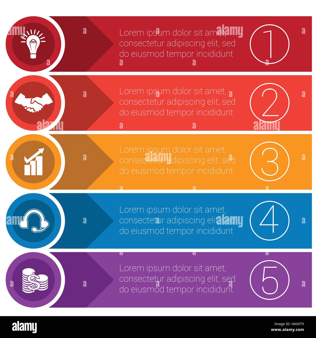 Infographics modelli da frecce di cerchi e strisce di concetto di business per cinque posizioni. Illustrazione Vettoriale