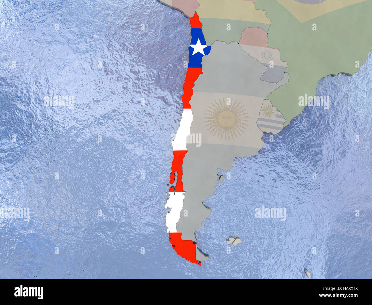 Mappa di Cile con bandiera nazionale sul globo politico con acqua realistica. 3D illustrazione Foto Stock