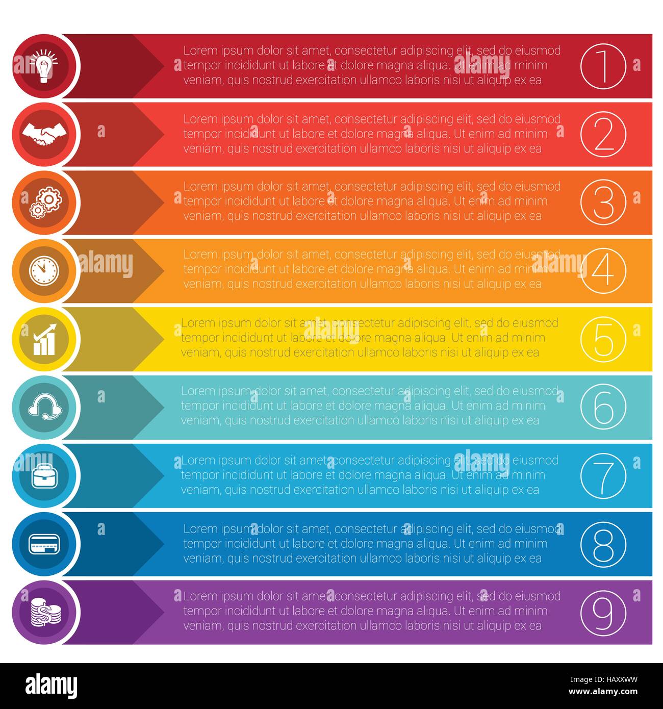 Infographics modelli da frecce di cerchi e strisce di concetto di business per nove posizioni. Illustrazione Vettoriale