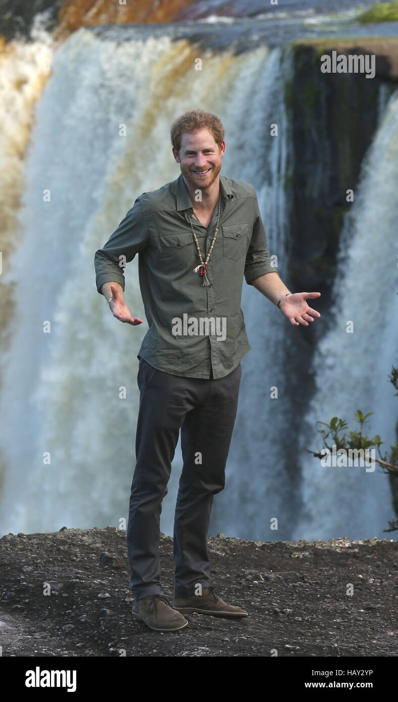 Il principe Harry, guarda fuori da un punto di vista durante una visita a la Kaieteur Falls nell'entroterra, Guyana durante il suo tour di 15 giorni dei Caraibi. Foto Stock