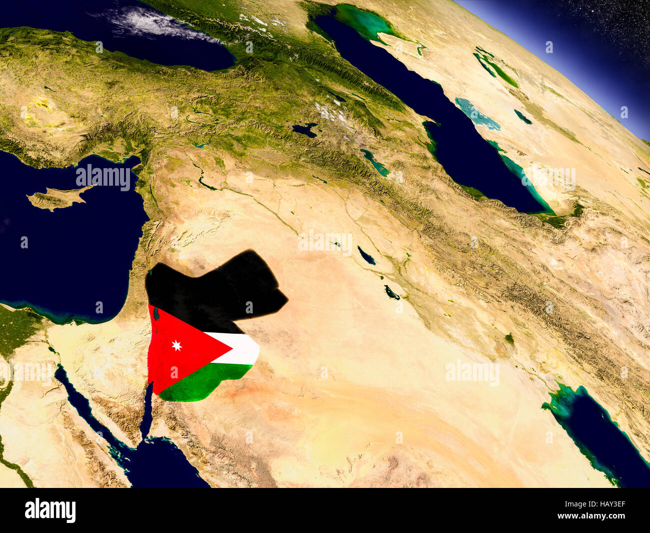 Bandiera della Giordania sulla superficie pianeta dallo spazio. 3D illustrazione con altamente dettagliata pianeta realistico di superficie e le nuvole nell'atmosfera. Elementi di t Foto Stock