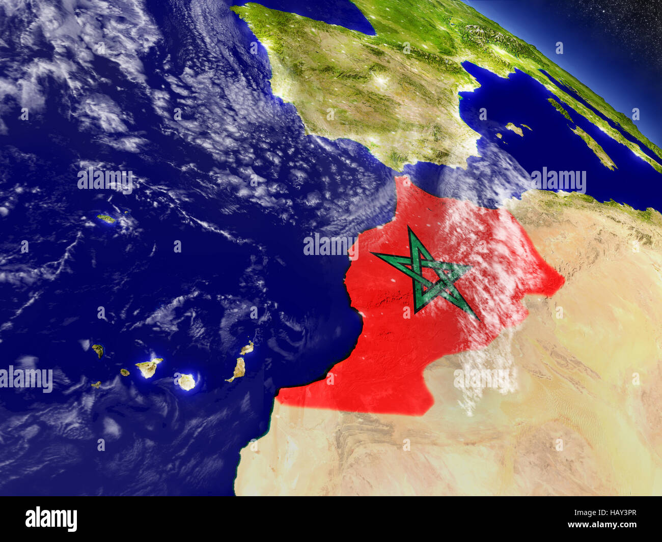 Bandiera del Marocco sul pianeta superficie da spazio. 3D illustrazione con altamente dettagliata pianeta realistico di superficie e le nuvole nell'atmosfera. Elementi del Foto Stock