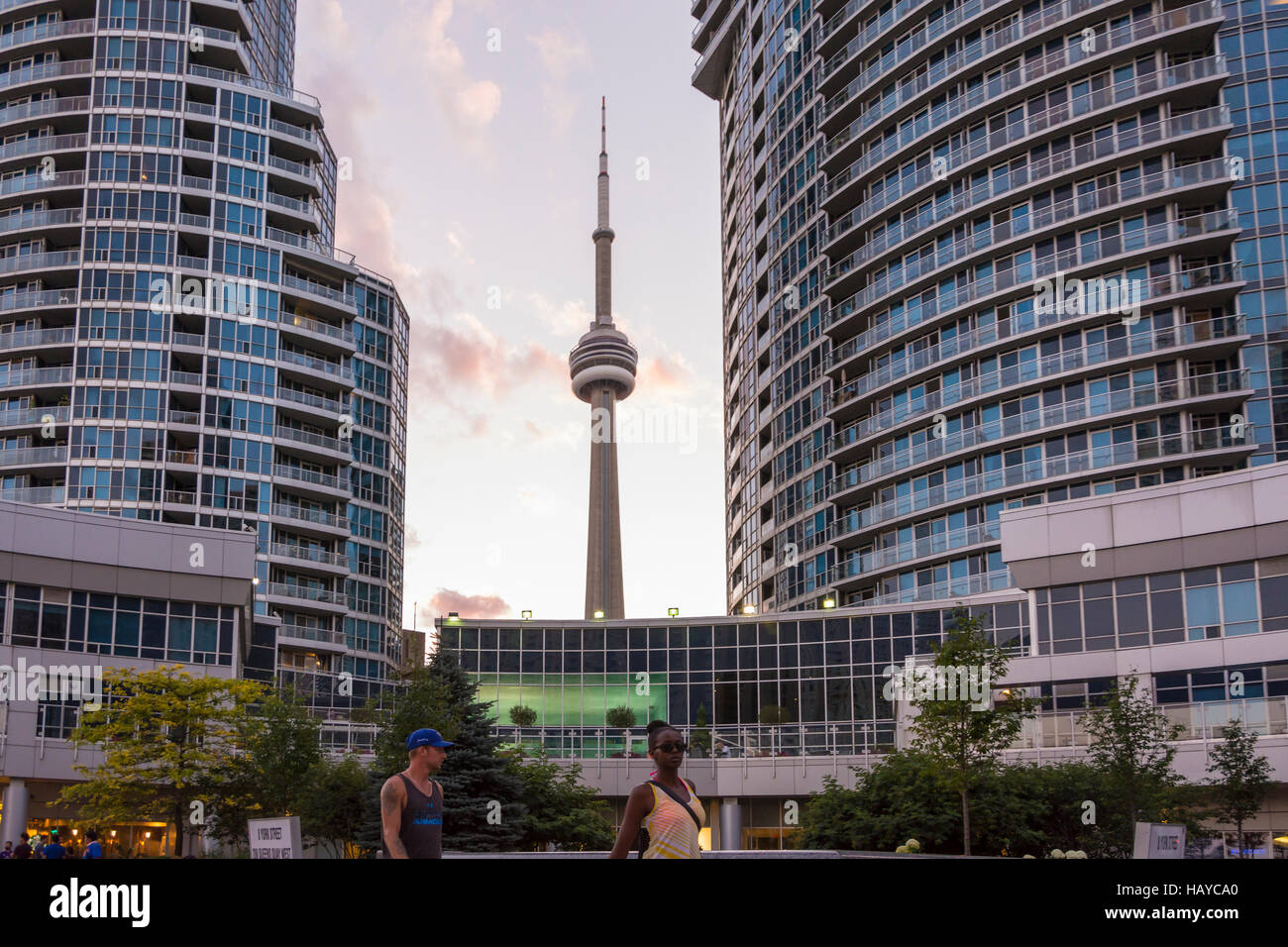 Toronto, Canada-agosto 2,2015:la vita urbana vicino alla CN Tower a Toronto durante un tramonto da uno della via centrale della città Foto Stock