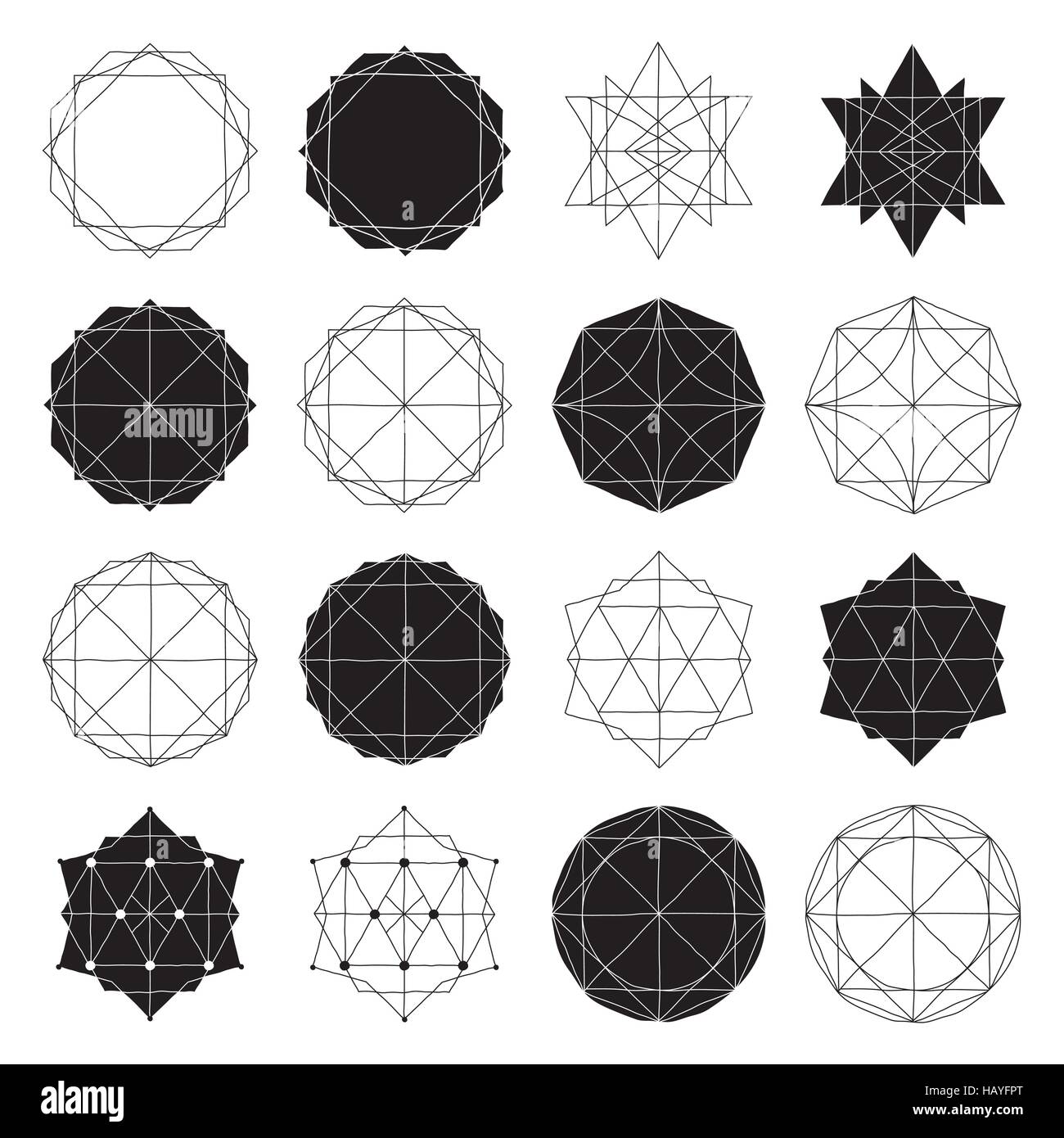 Semplice insieme con il nero riempito e cava forme geometriche e ele Illustrazione Vettoriale