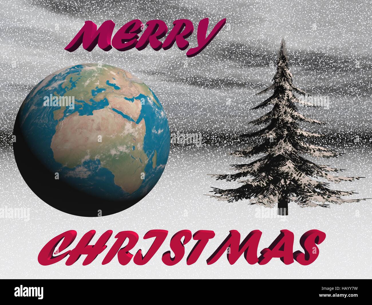 Pianeta in festa di Natale isolato nella neve sfondo blu Foto Stock