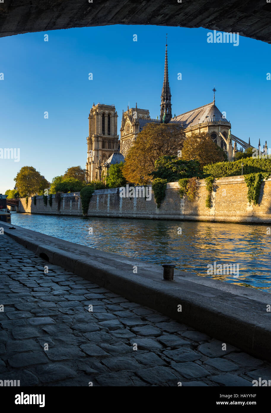 Cattedrale di Notre Dame de Paris al tramonto con il Fiume Senna e l'Ile de la Cite. Parigi, Francia Foto Stock