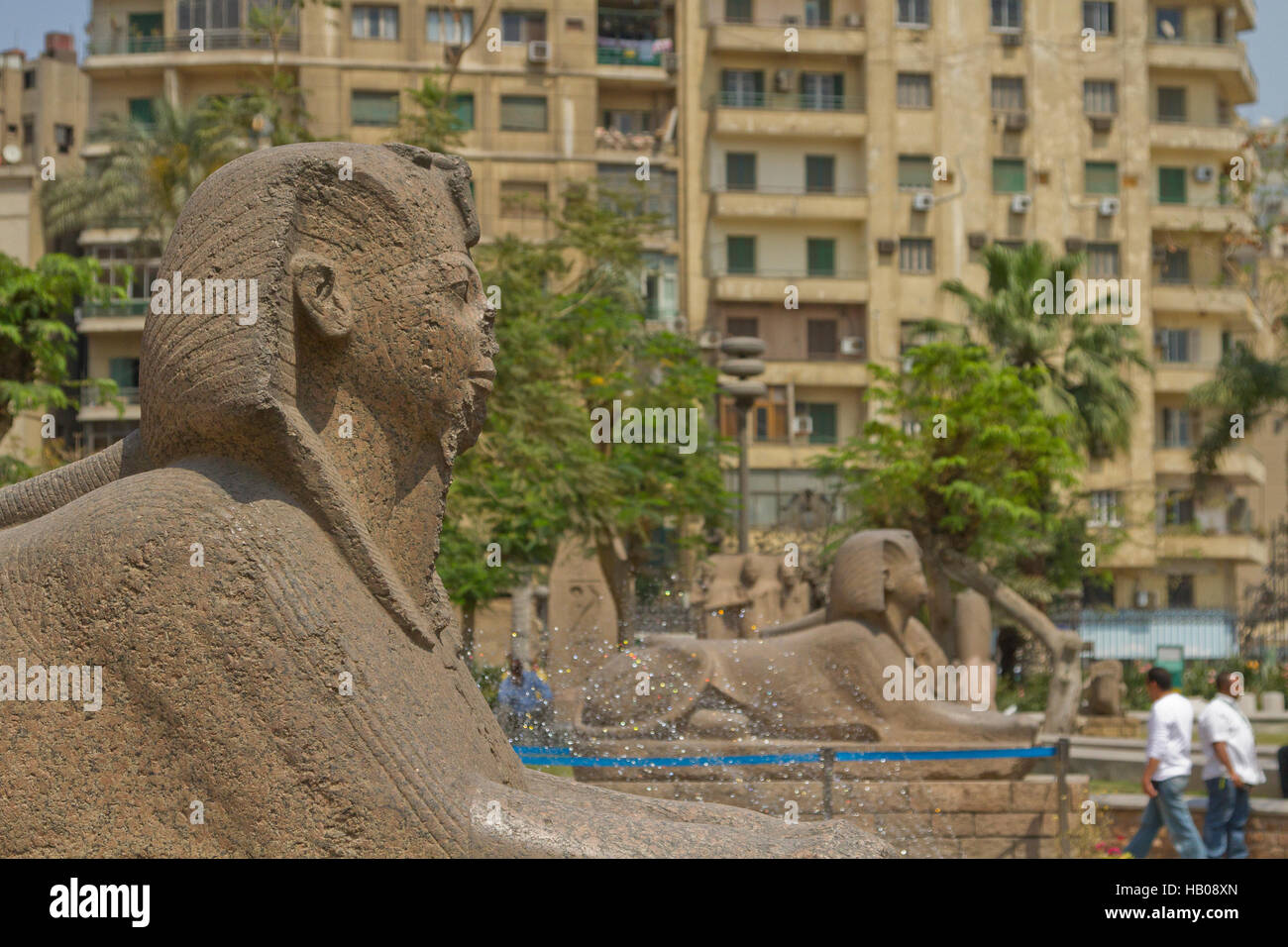 In granito rosa Sphinx al di fuori del Museo del Cairo. Il giardino nel terreno del Museo del Cairo Foto Stock