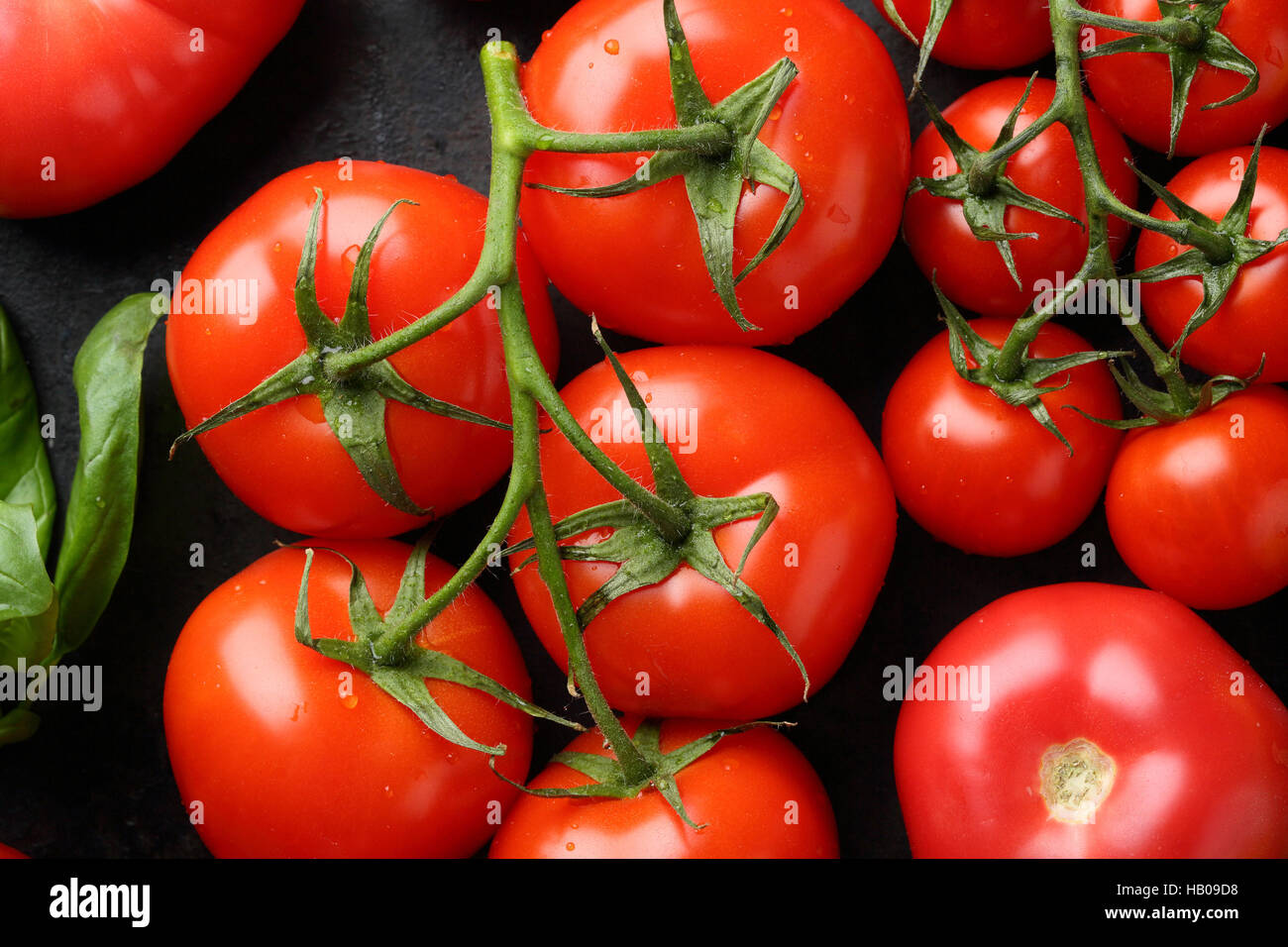 Il ramo di pomodori rossi su fondo nero, cibo vista superiore Foto Stock