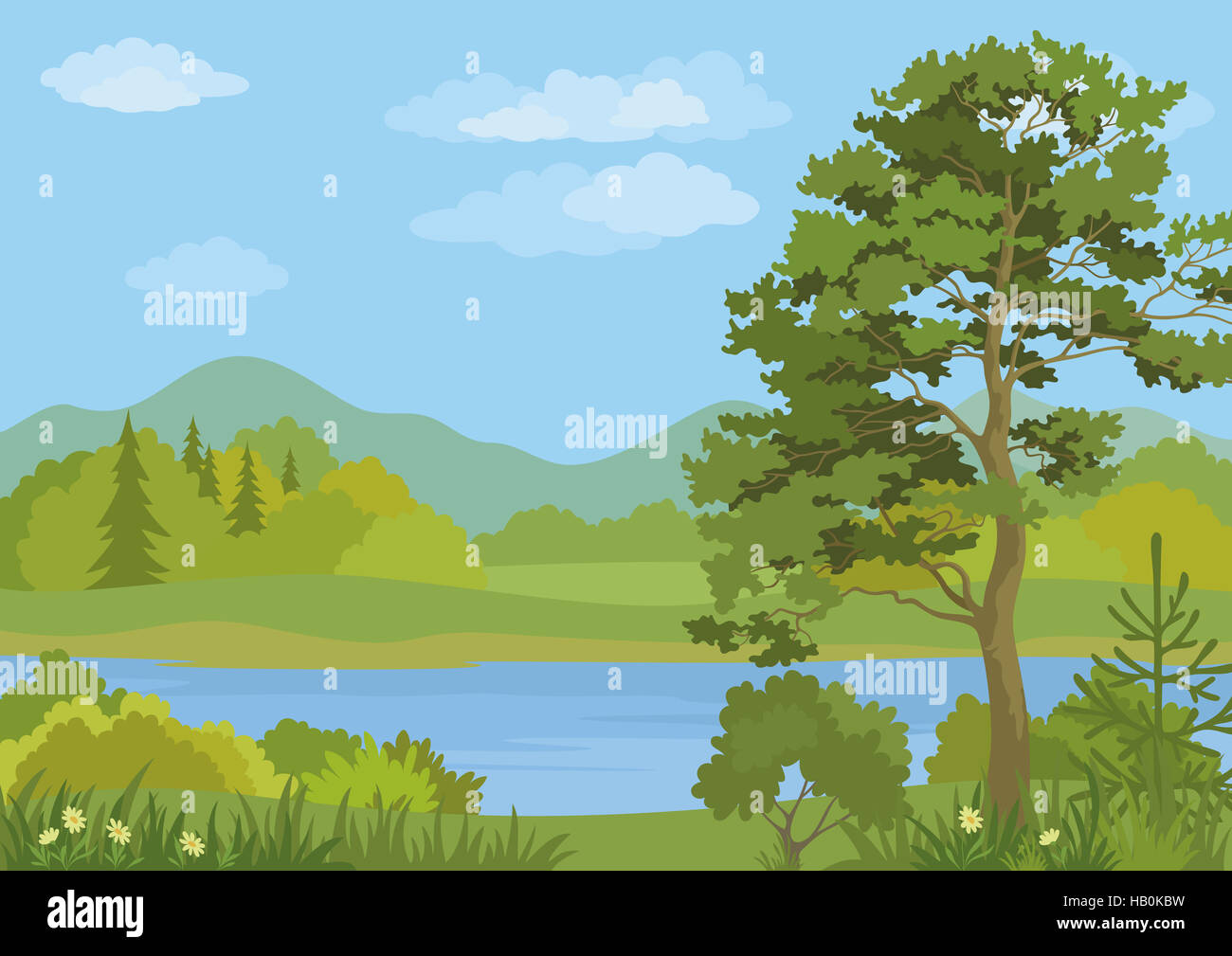 Paesaggio con alberi e lago di montagna Foto Stock