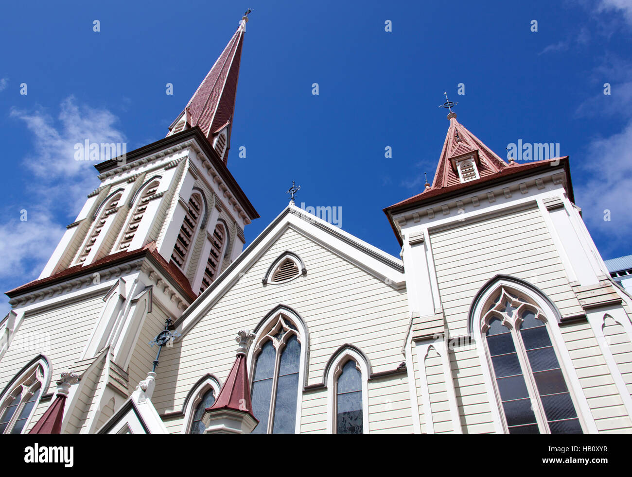 Le guglie del centro storico di San Giovanni la Chiesa Presbiteriana in Wellington (Nuova Zelanda). Foto Stock