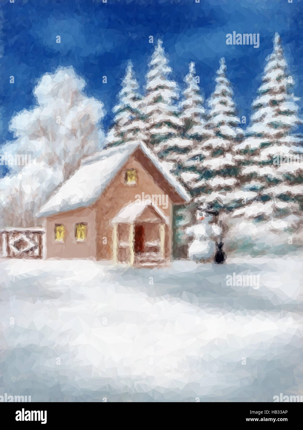 House e il pupazzo di neve in inverno Forest Foto Stock