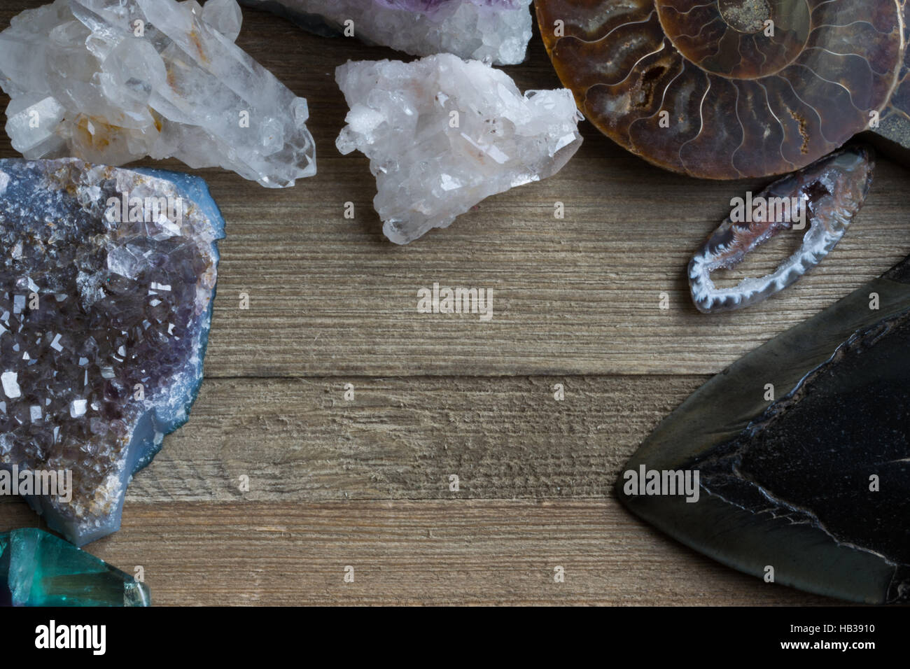 Un assortimento di cristalli e fossili Foto Stock