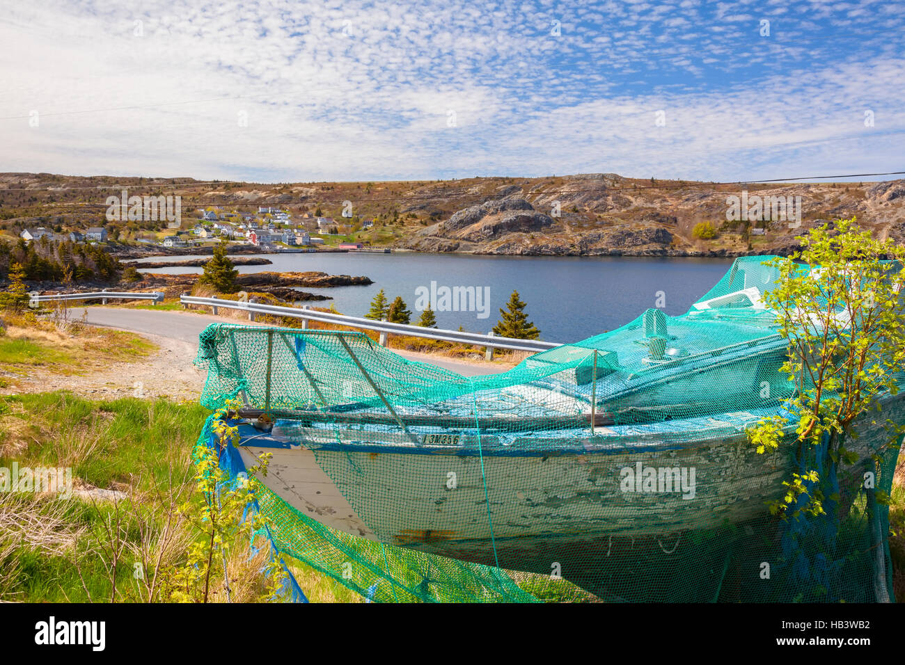 Un vecchio fatiscente peschereccio coperto da una rete da pesca con la città di Brigus in background. Brigus, Terranova in Canada Foto Stock