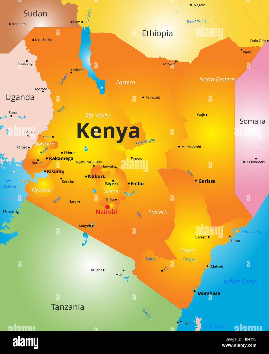 Mappa a colori del Kenya paese Foto Stock