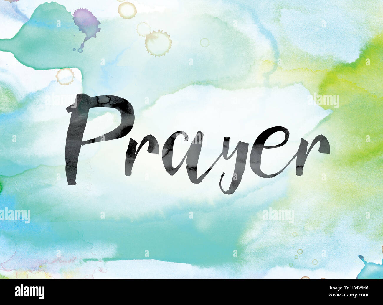 La parola 'preghiera' dipinta in inchiostro nero su un variopinto acquerello lavato il concetto di sfondo e tema. Foto Stock
