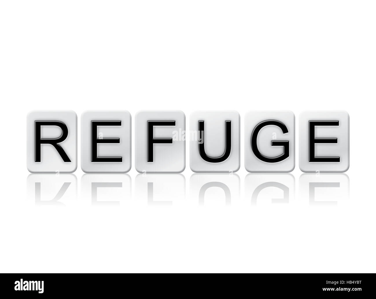 La parola "rifugio" scritto in lettere di piastrella isolato su uno sfondo bianco. Foto Stock