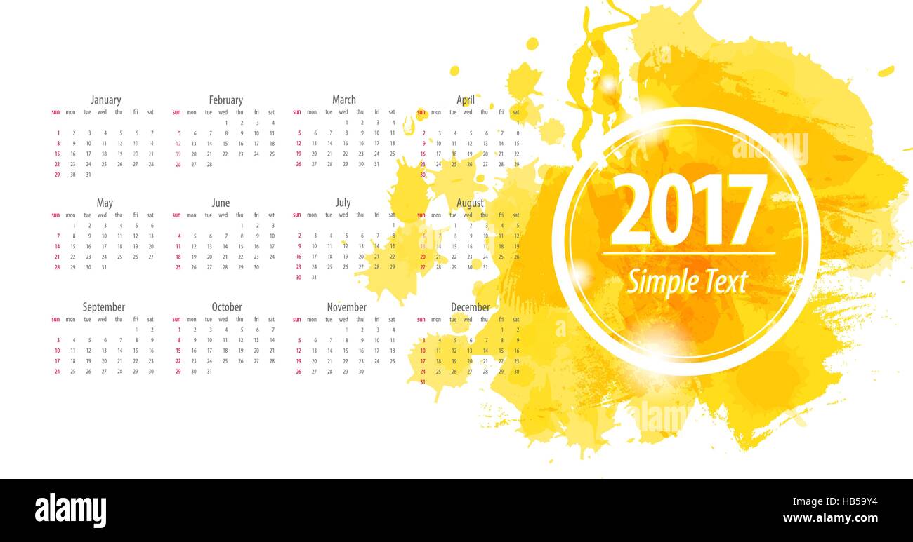 Bella acquerelli astratti blot 12 stampabile calendario mensile 2017. Settimana di calendario inizia dalla domenica. Design alla moda e moderno Illustrazione Vettoriale