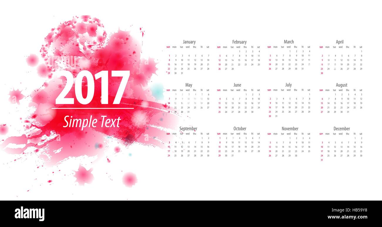 Bella acquerelli astratti blot 12 stampabile calendario mensile 2017. Settimana di calendario inizia dalla domenica. Design alla moda e moderno Illustrazione Vettoriale