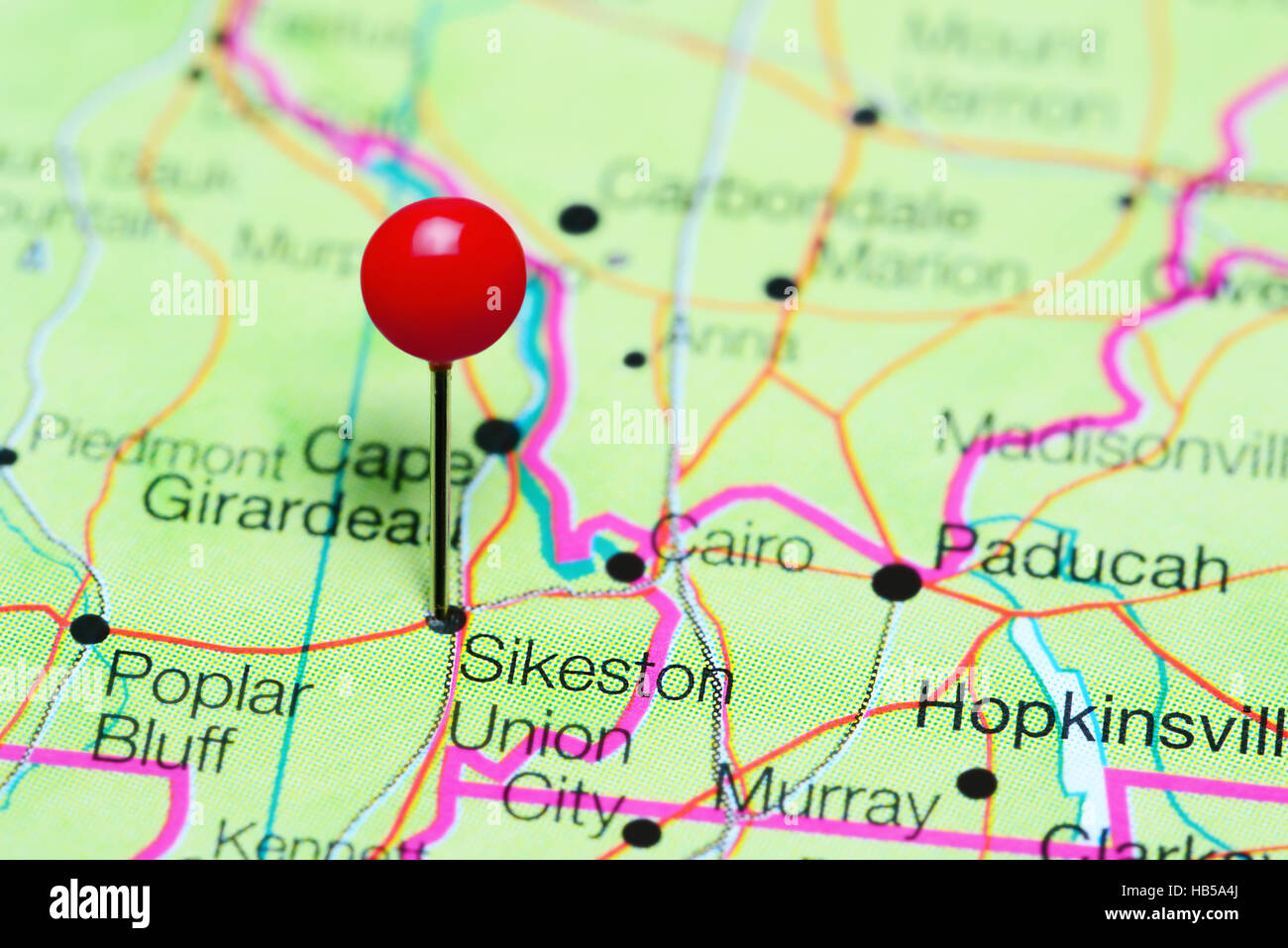 Sikeston imperniata su una mappa del Missouri, USA Foto Stock