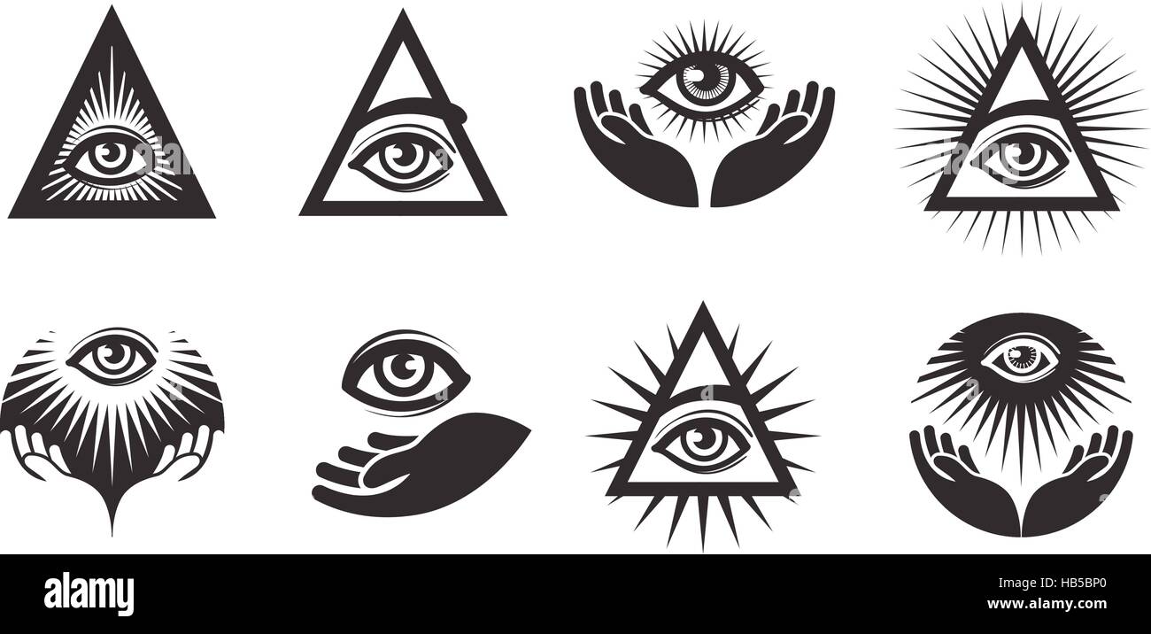 All Seeing Eye set di icone. Il simbolo degli Illuminati Illustrazione Vettoriale