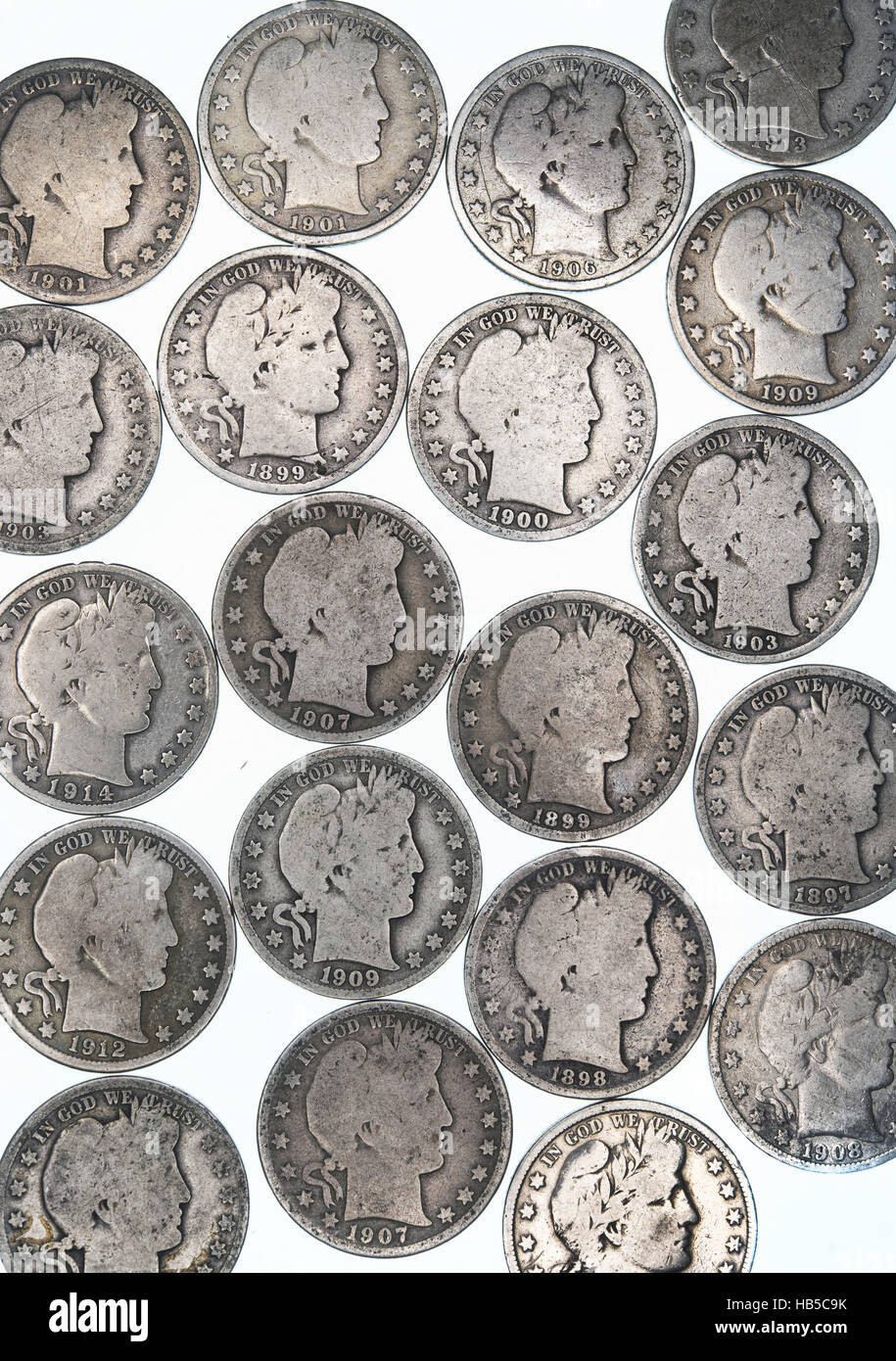 Un gruppo di argento vecchio barbiere mezzo di dollari. Foto Stock