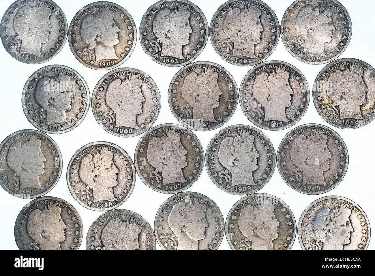 Un gruppo di argento vecchio barbiere mezzo di dollari. Foto Stock