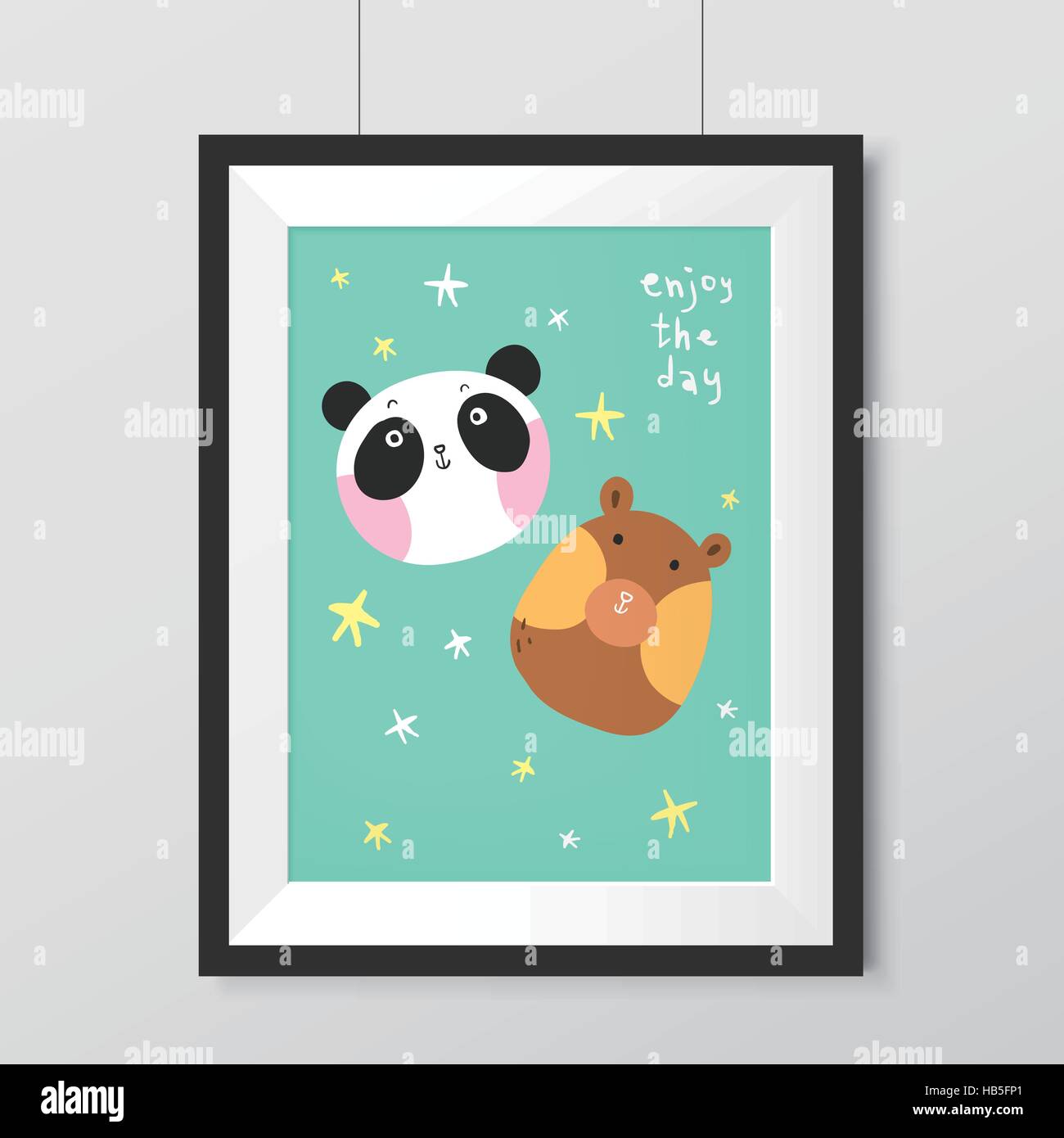 Adorabili e pittura con adorabile Orso Panda e appeso alla parete Illustrazione Vettoriale