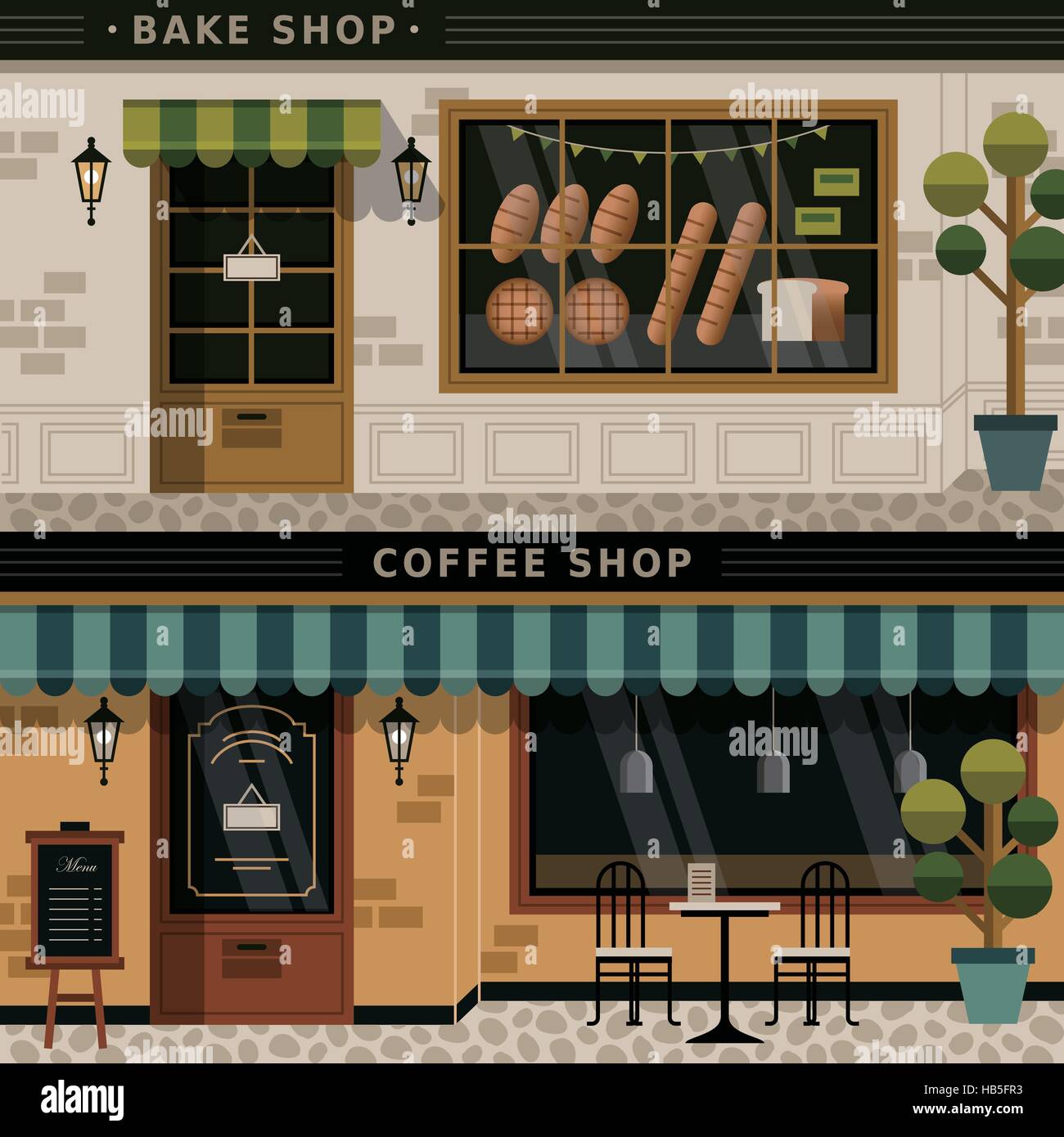 Retrò design piatto di caffetteria e pasticceria di facciate Illustrazione Vettoriale