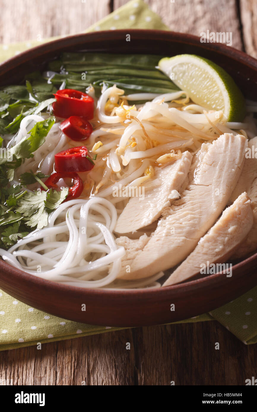 La cucina vietnamita: soup Pho Ga con pollo, riso tagliatelle e erbe aromatiche fresche in una ciotola di close-up verticale. Foto Stock