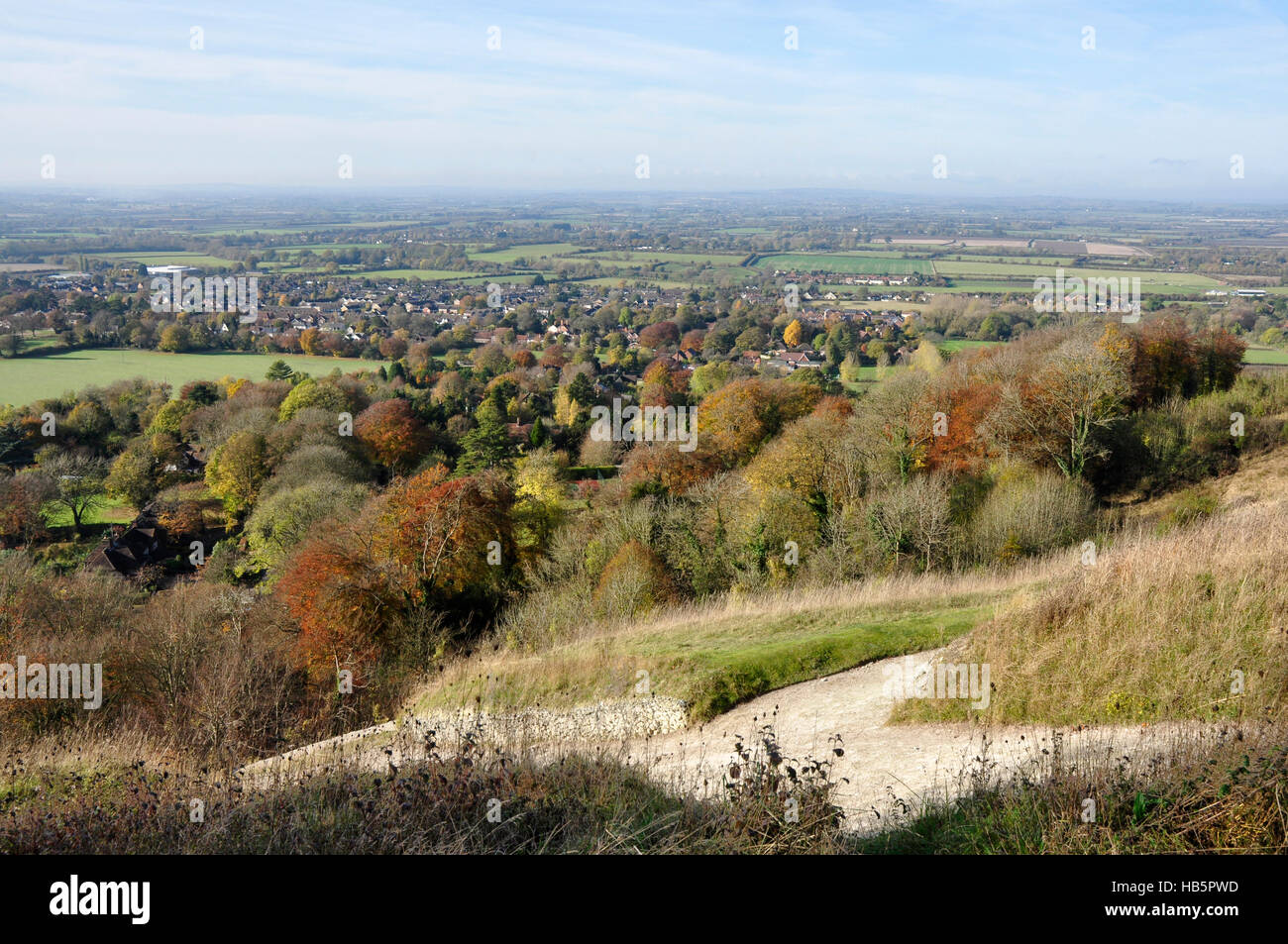 Chiltern Hills - Vista dal Whiteleaf chalk cross a Aylesbury boscosa piana - colori autunnali - foglie russet - distanza haze Foto Stock