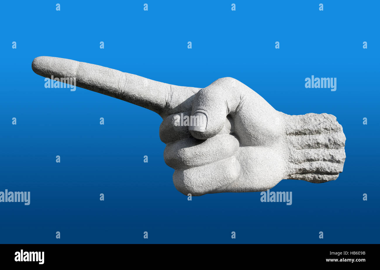 Puntare il dito su sfondo blu Foto Stock