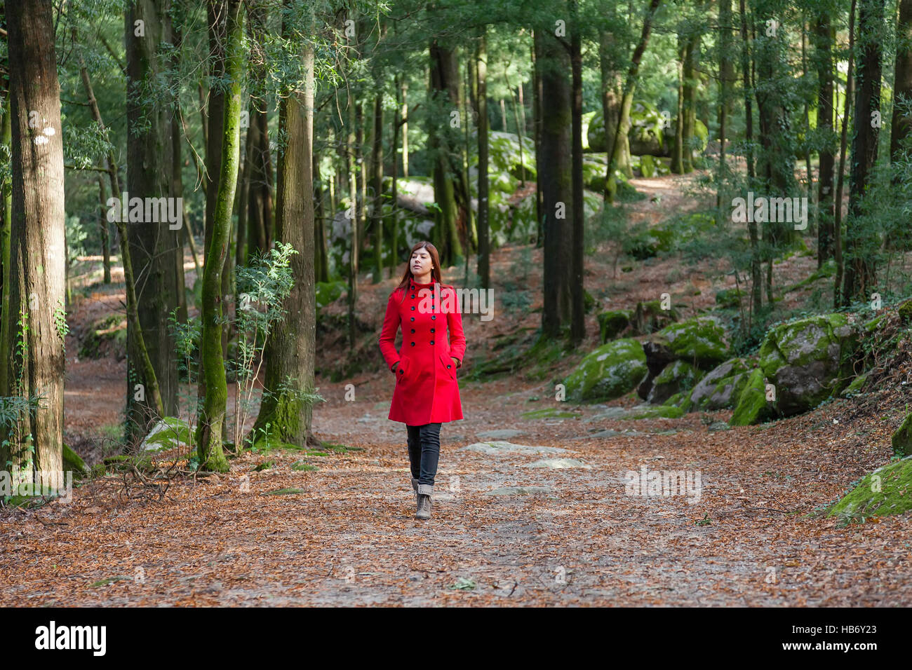Giovane donna camminare da solo su una foresta tracciato sterrato che indossa un cappotto rosso in una fredda giornata invernale Foto Stock