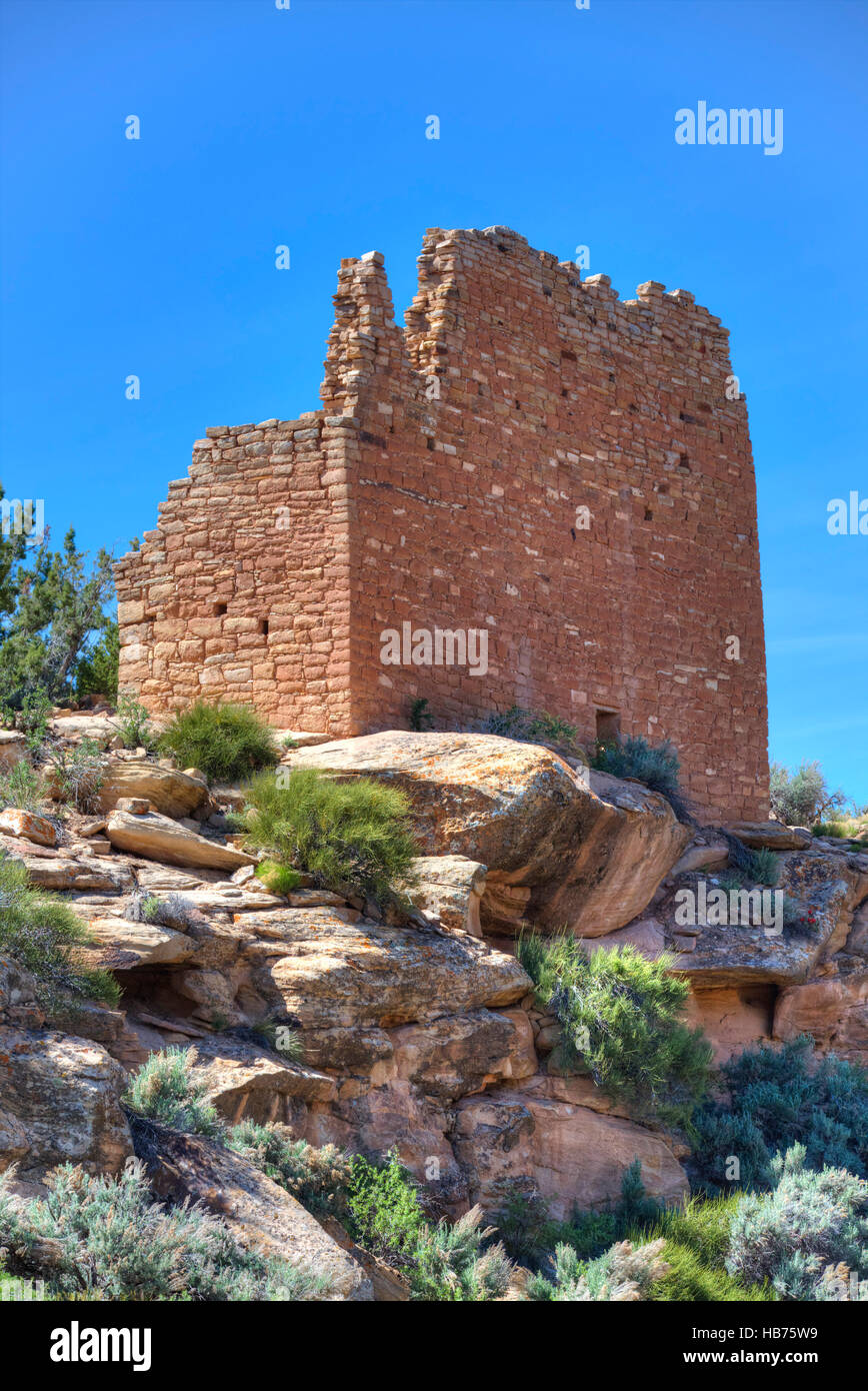 Rovine di Puebloans ancestrale, 900 A.D. - 1.200 D.C., Holly Gruppo, Hovenweep National Monument, Utah, Stati Uniti d'America Foto Stock