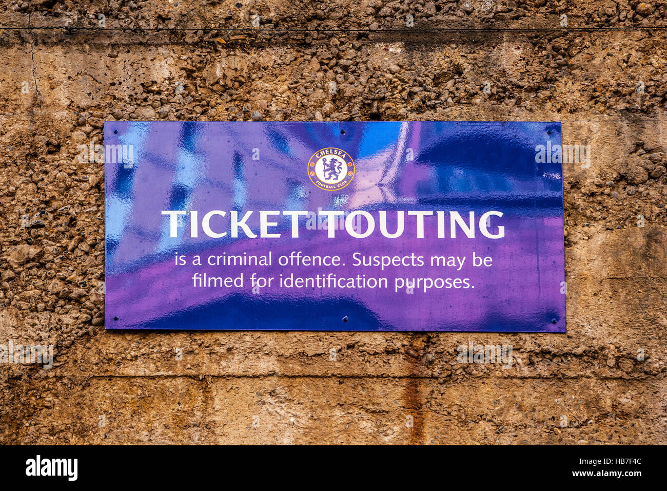 Chelsea Football Club Biglietto reclamizza segno di avvertimento Stamford Bridge, Londra Foto Stock