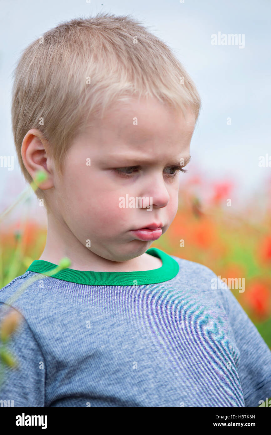 Sconvolto boy in campo con papaveri rossi Foto Stock