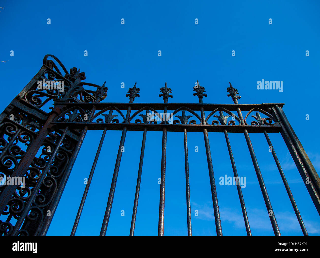 Un ferro battuto recinzione contro un cielo blu Foto Stock