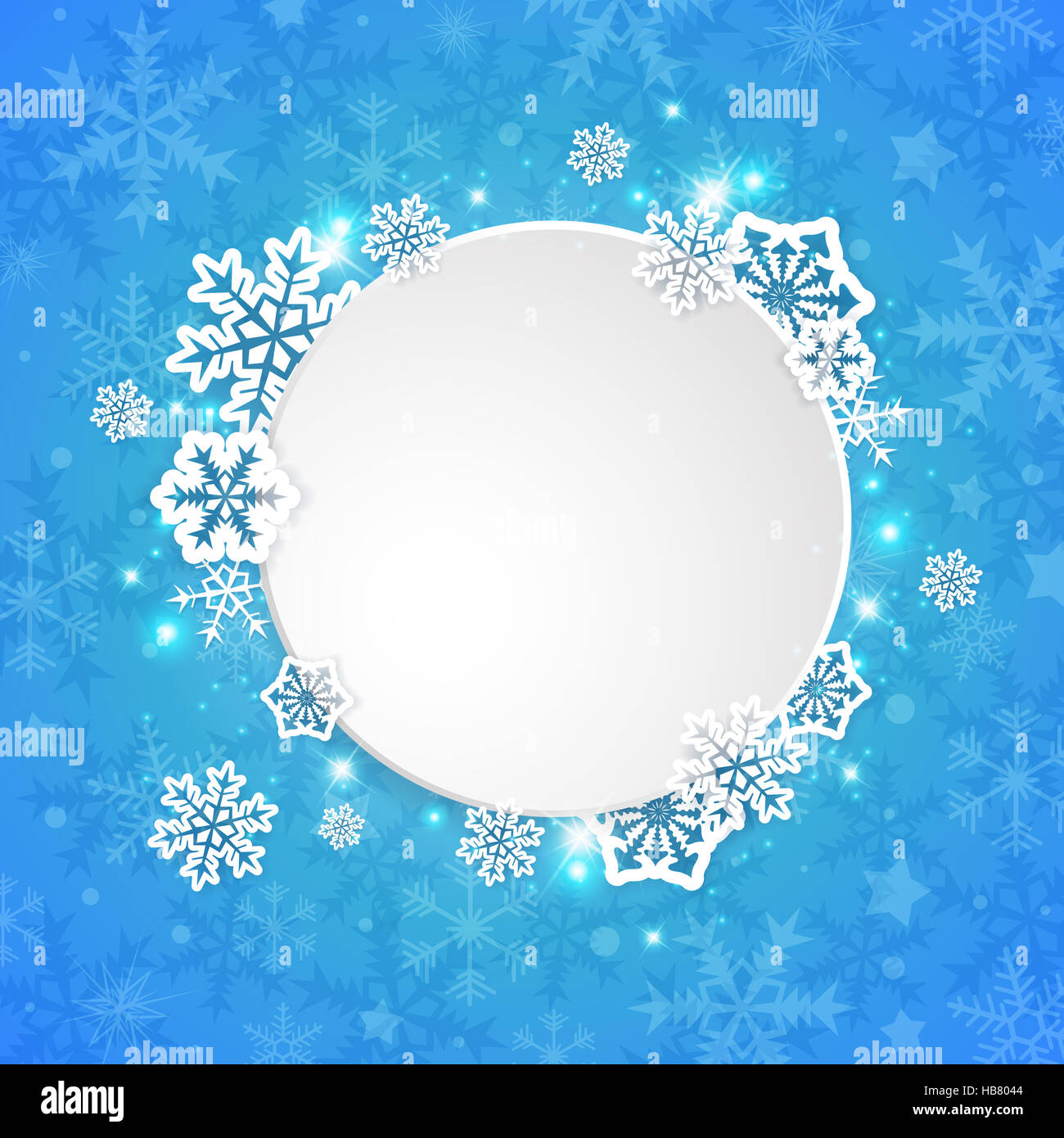 Abstract round banner di Natale con il Libro bianco di fiocchi di neve su sfondo blu. Foto Stock