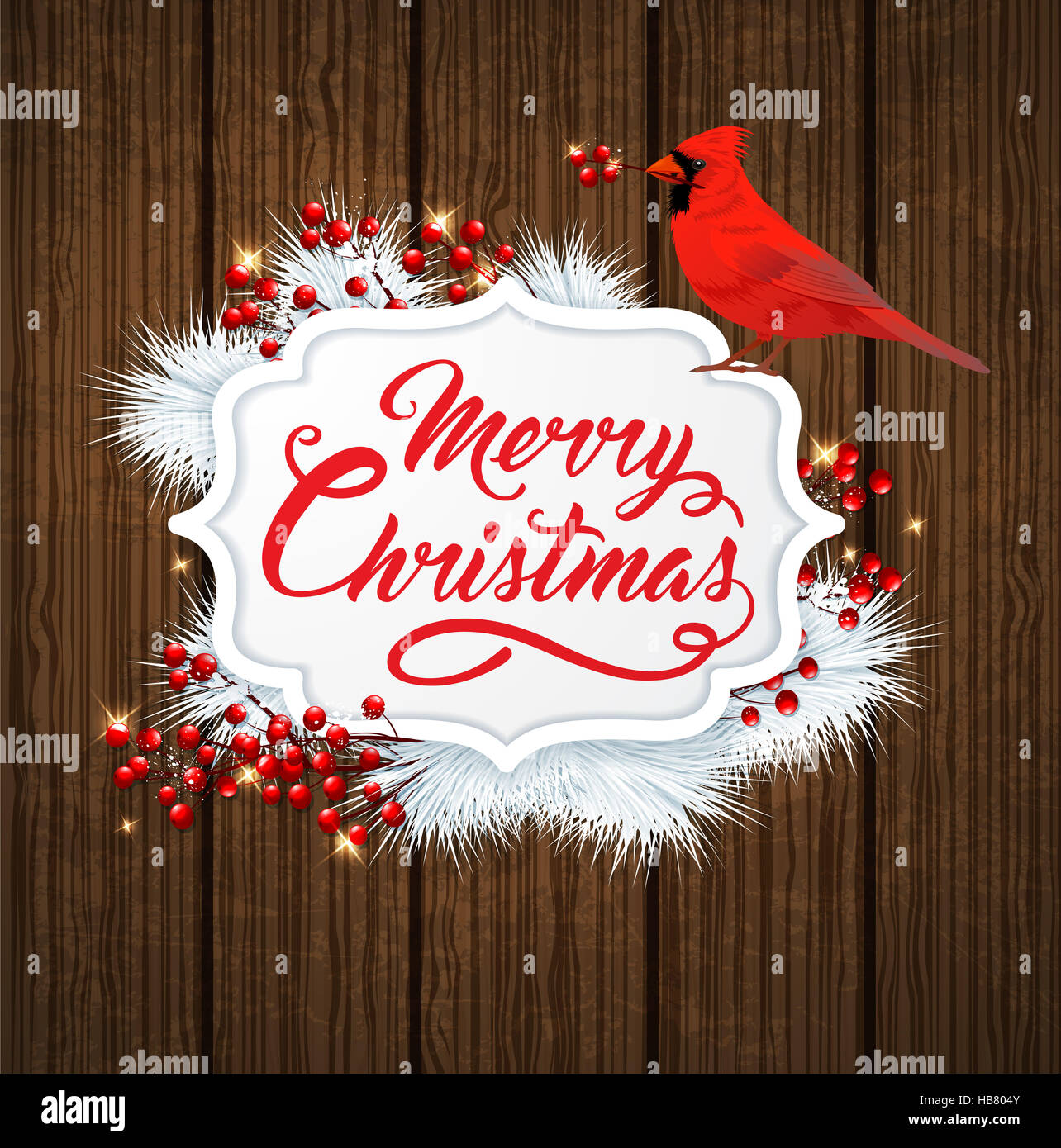 Banner di natale con bacche rosse, abete bianco ramo e il cardinale bird su sfondo di legno. Buon Natale scritte. Foto Stock