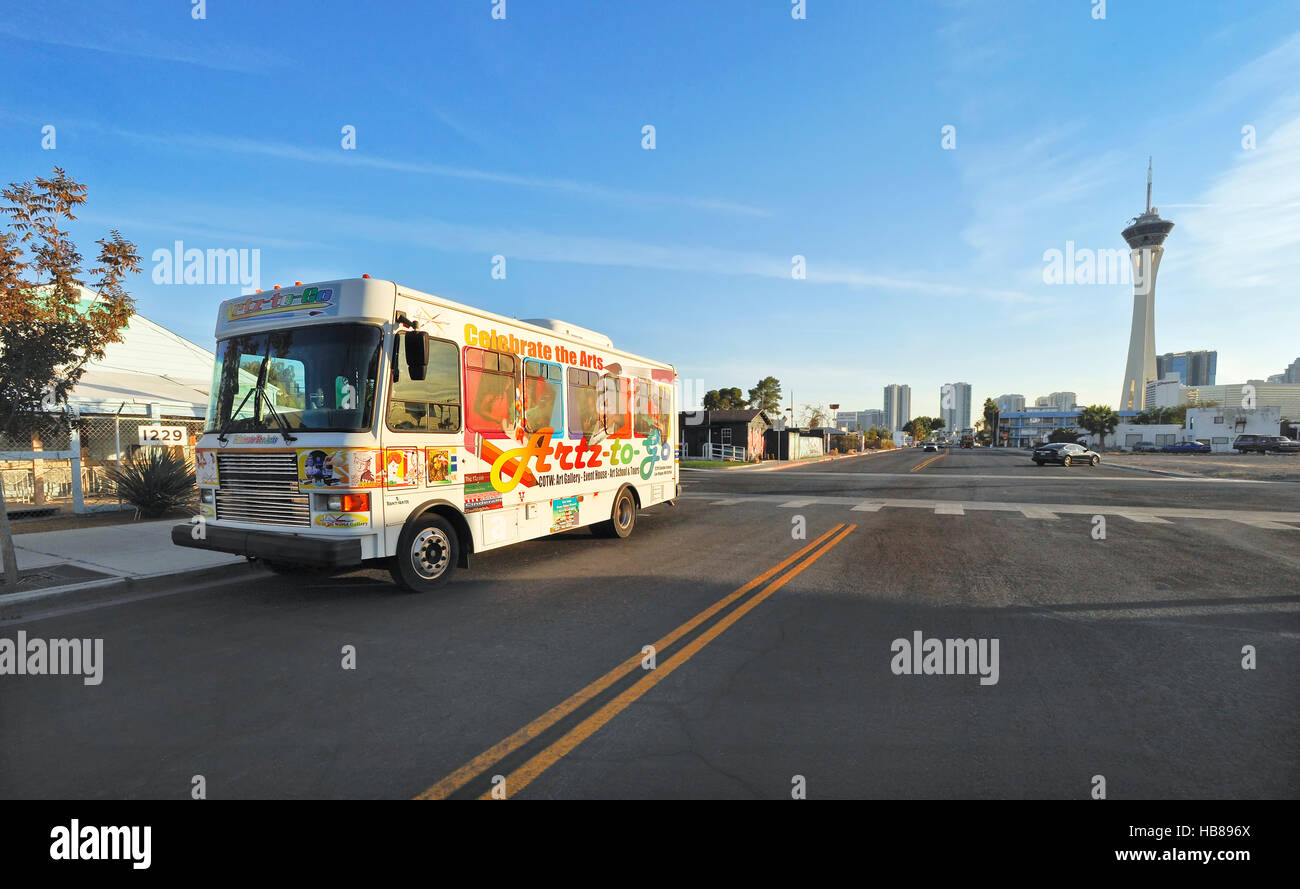 Downtown Las Vegas Nevada, "città del mondo' Art Gallery, 'Artz-to-Go bus" Foto Stock