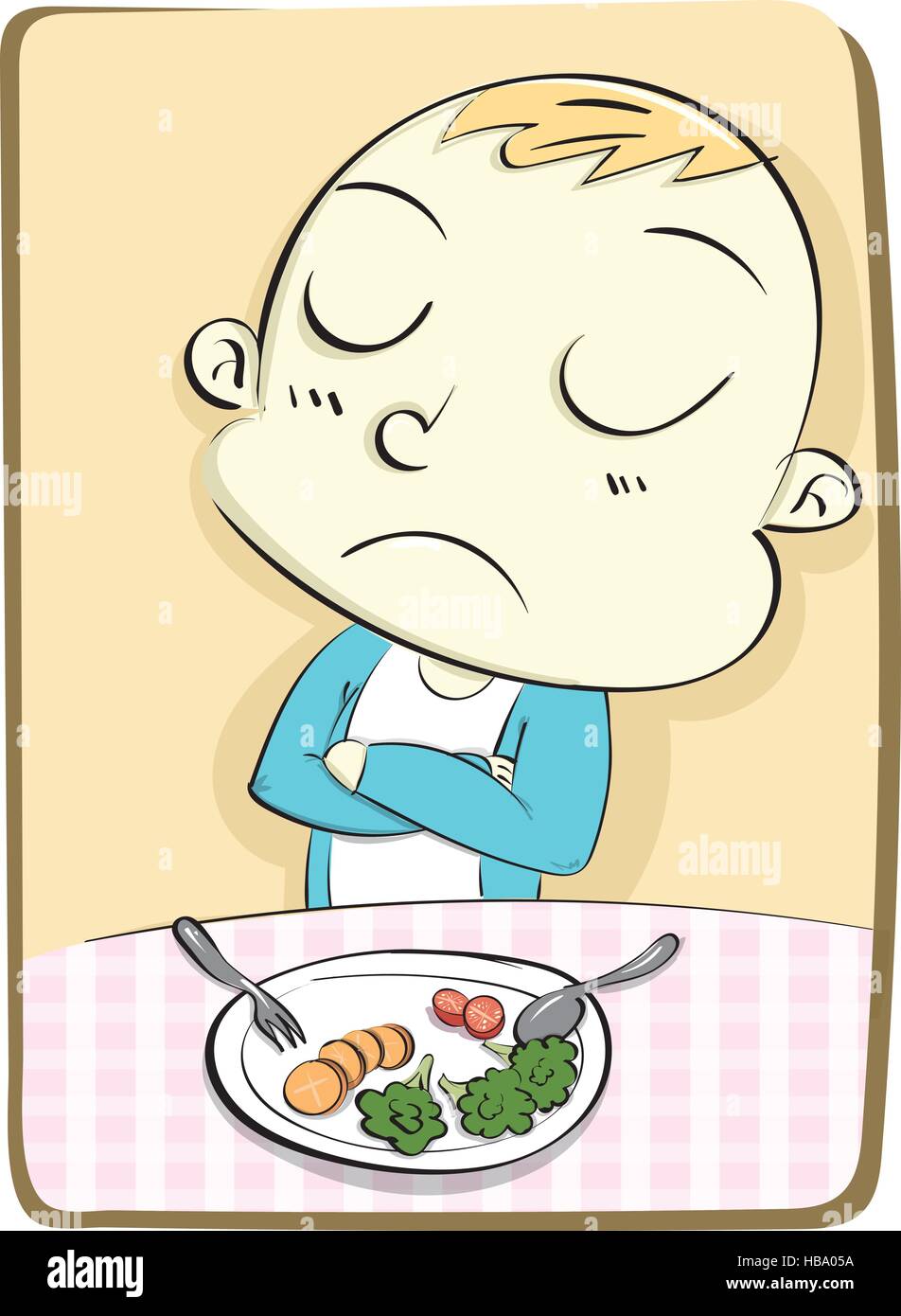 Cartoon kid rifiuta di mangiare verdura. Illustrazione Vettoriale